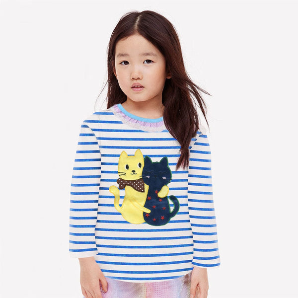 Kids Long Sleeve Stripe Frilled Neckline Applique Tee Shirt (1 to 6 Years)