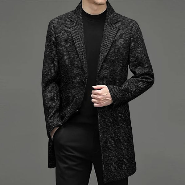Imported Elegant Slub Black Woolen Business Long Coat For Men