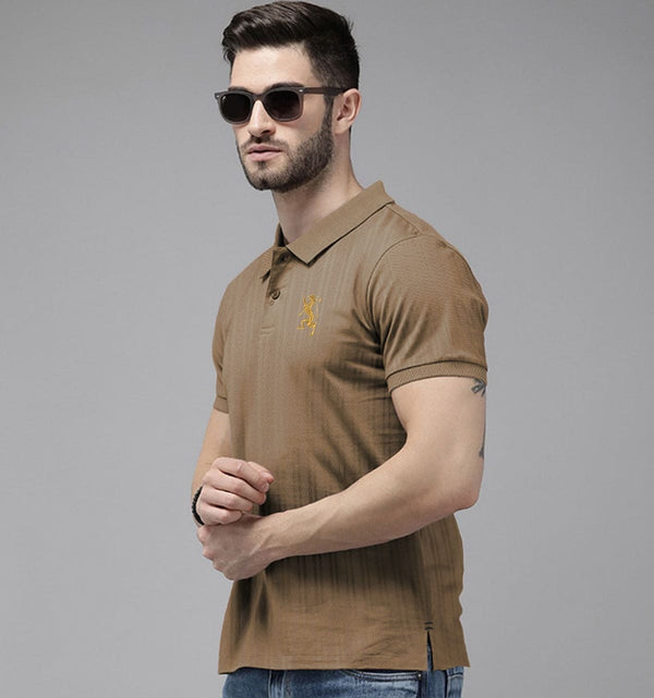 Textured Fabric Premier Logo Brown Cotton Polo For Men
