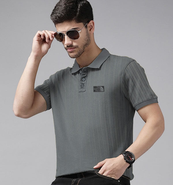 Textured Fabric High Density Supreme Logo Grey Cotton Polo For Men