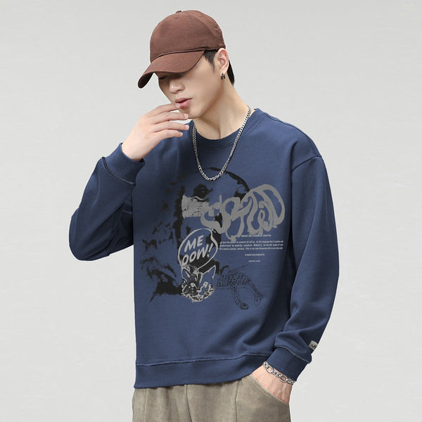 Meow & Abstract Graphic Crewneck Streetwear Oversized Sweat Shirt For Men