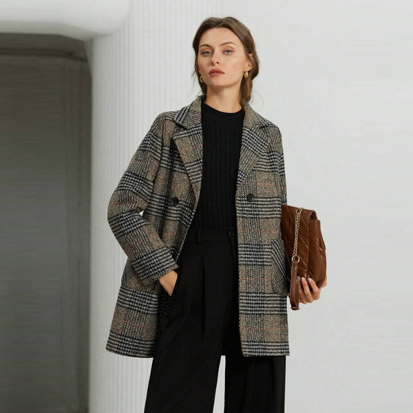 Imported Classic Checkered Woolen Long Coat For Women