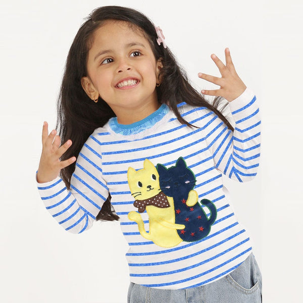 Kids Long Sleeve Stripe Blue Frilled Neckline Applique Tee Shirt (1 to 5 Years)