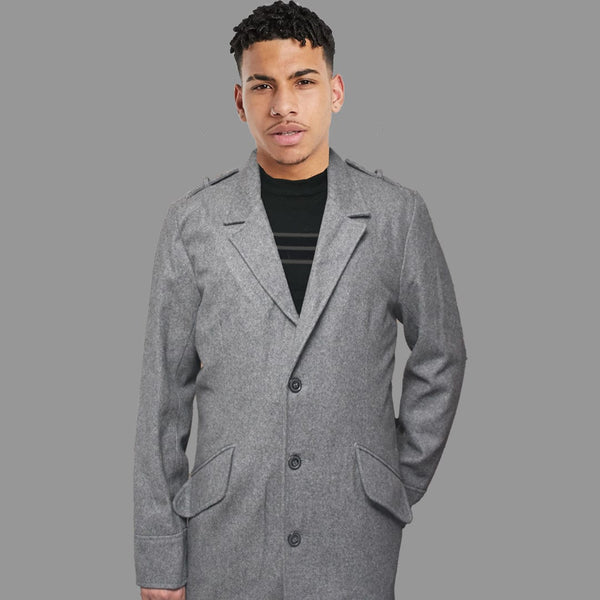 Peak lapel men’s business casual Grey woollen long coat
